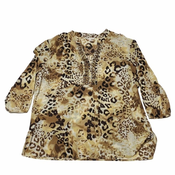 Jm Collection Leopard Print Embellished L/S Blouse - Picture 5 of 11